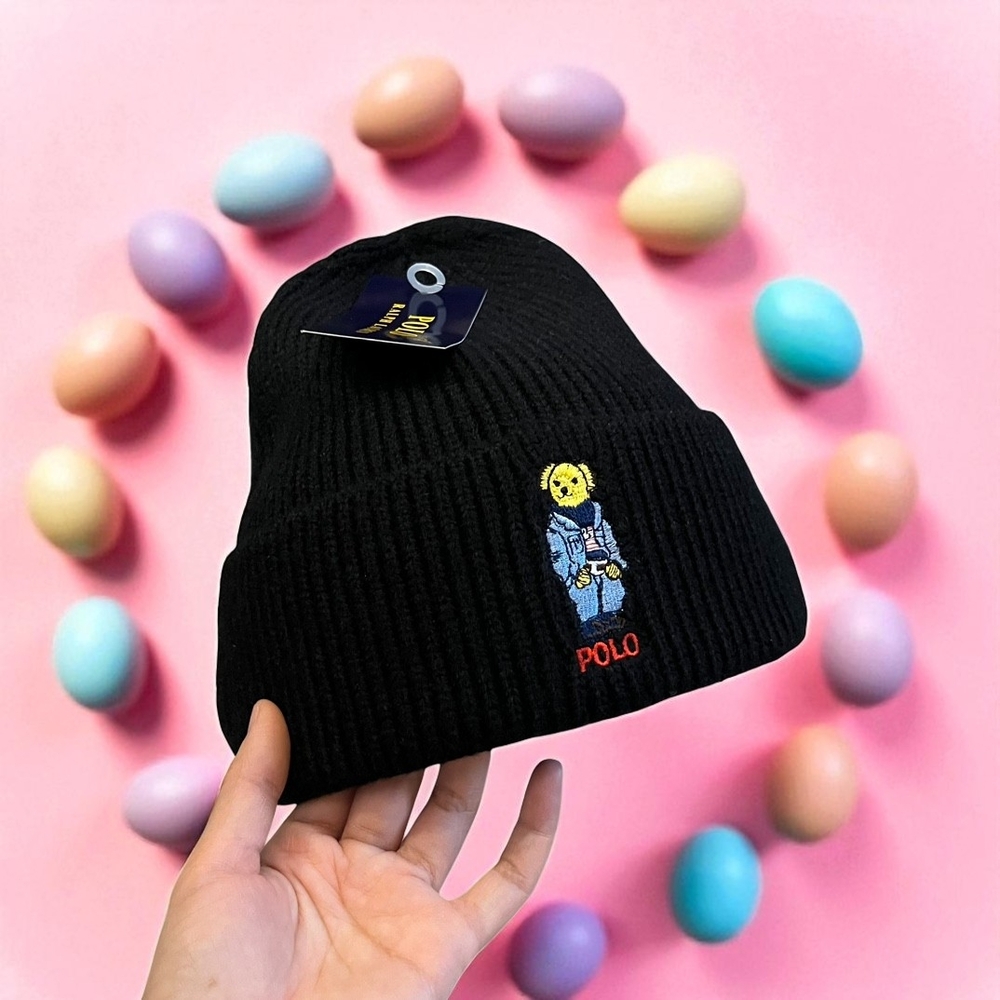Polo by Ralph Lauren Black Knit Hat with Bear Motif